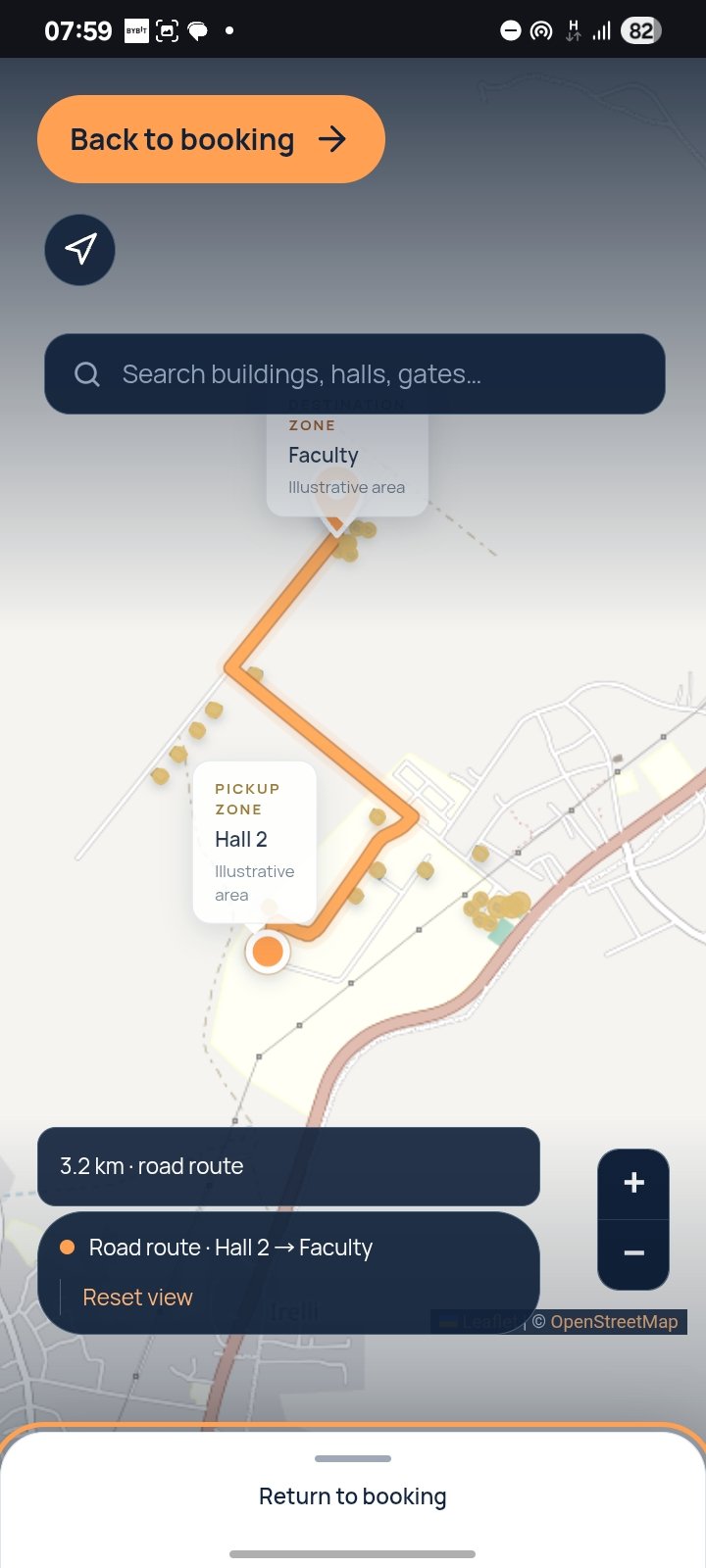 CampusRide map showing a route from Hall 2 to Faculty