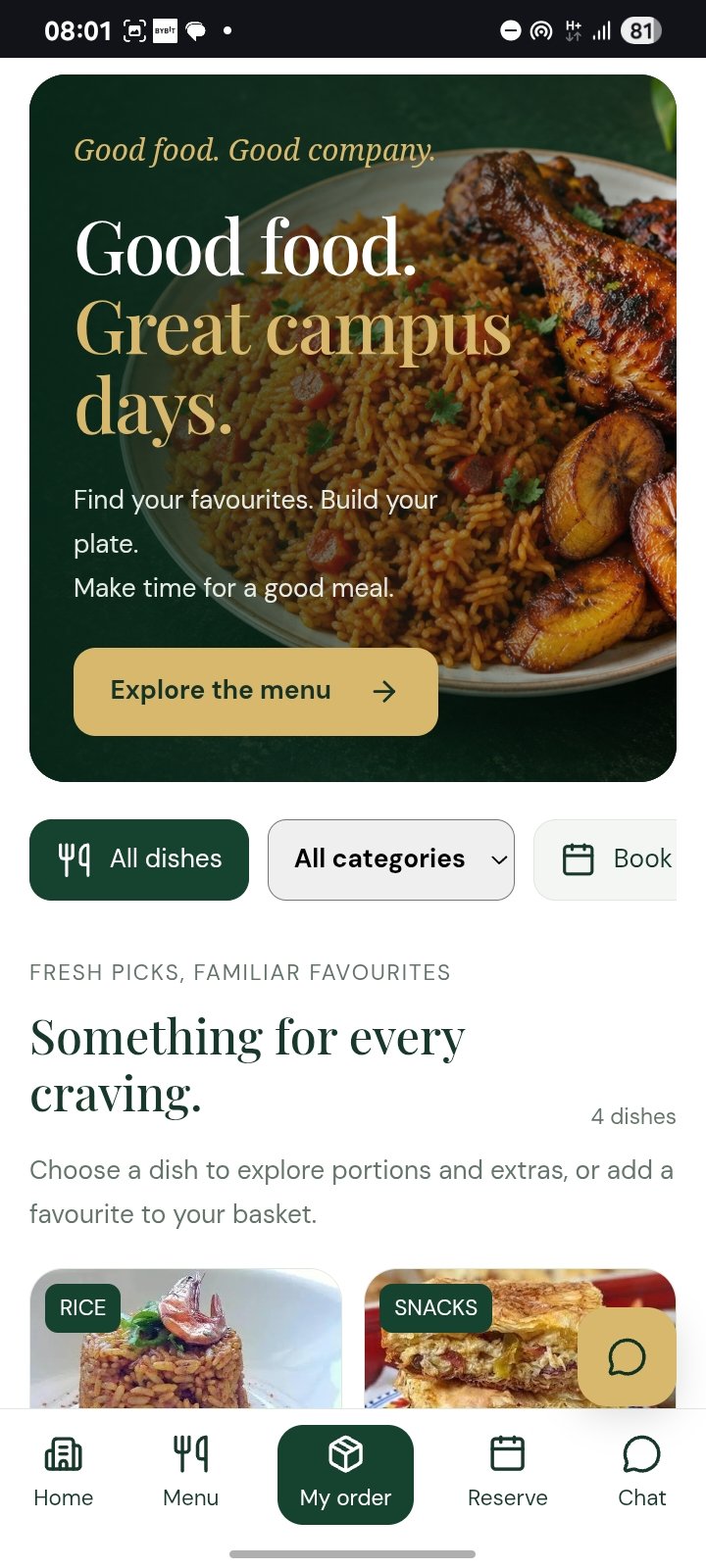 Campus Dining homepage with meals and menu categories